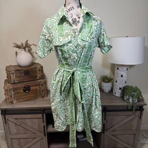 Sue Sartor Floral Mini Shirt Dress Sz S Resort Casual Tie Waist Button Front